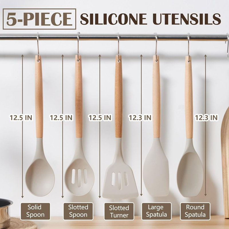 Ensemble d'ustensiles de cuisine en silicone 5 pièces avec poignée en bois, ustensiles de cuisine antiadhésifs pour une cuisson sûre et efficace, résistant à la chaleur et non toxique