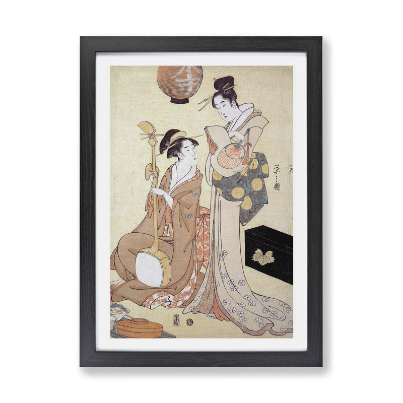 Two Geisha by Chobunsai Eishi - Single Picture Frame Painting, 45cm H x 63cm W x 2cm D, Black