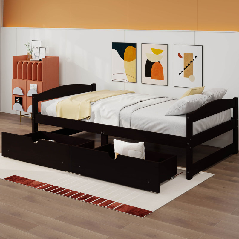 Un lit plateforme simple avec deux tiroirs intégrés, Espresso