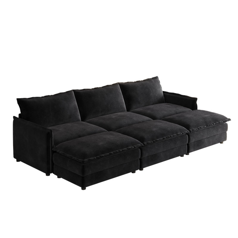 Canapé-lit modulaire en velours côtelé 109 po avec 3 repose-pieds mobiles 109 po, Velours côtelé noir