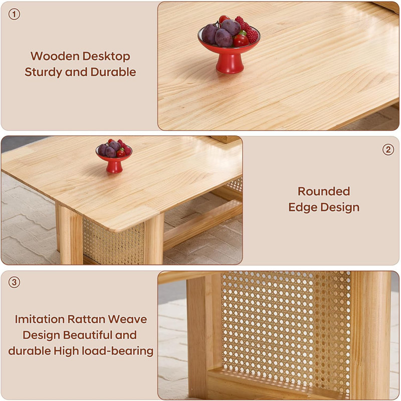 Natural Solid Wood Rectangular Coffee Table with Rattan Stand