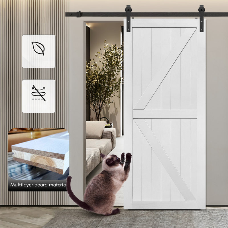 MDF Barn Door Easy Assembly -Solid Slab Covered with Water-Proof PVC Surface with Hardware Kit, 36" x 84", White
