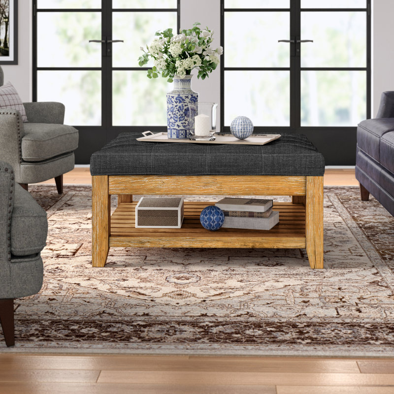 Arthuro Upholstered Ottoman, Heathered Dark Gray Linen, Natural
