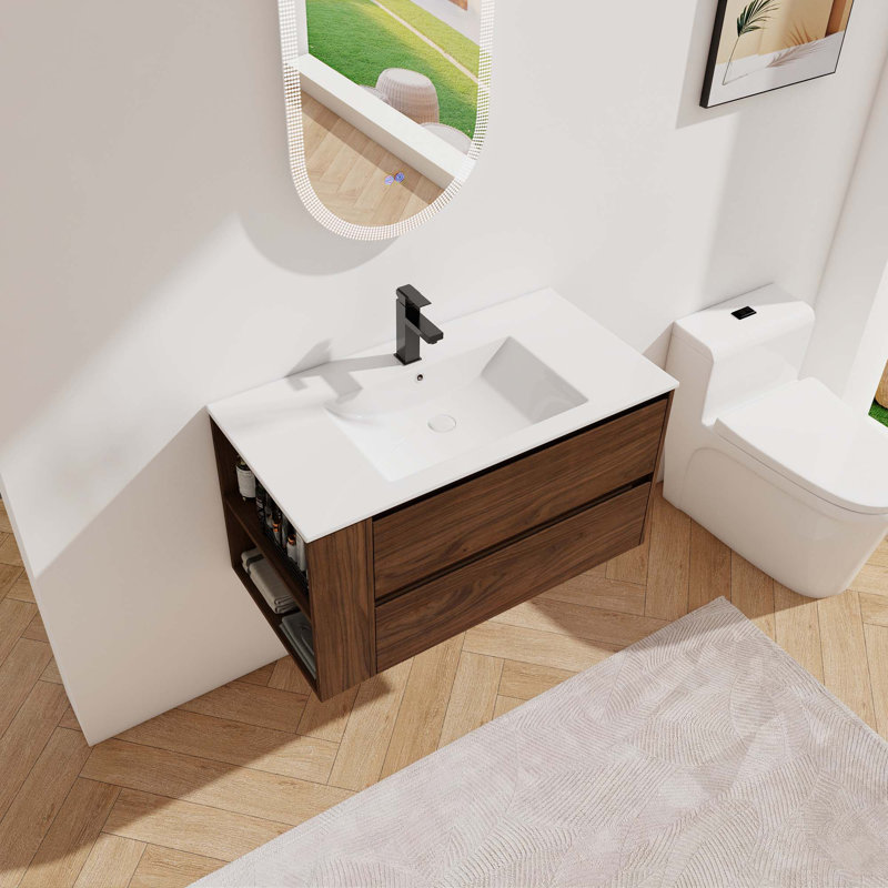 Meuble-lavabo mural avec lavabo en céramique, 2 tiroirs à fermeture en douceur, Chêne brun, 36"