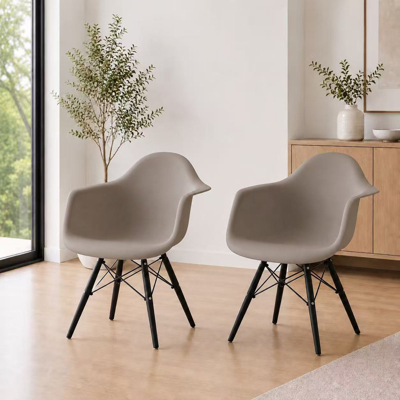 Set of 2 Mid Century Modern Dining Arm Chair with Wooden Dowel Legs, Taupe/Black