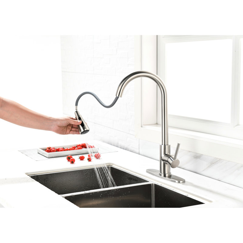 Brushed Nickel High Arc Kitchen Sink Tap With Pull Down Feature - Stainless Steel Single Handle Faucet For Practical Function In Out 360 Rotation