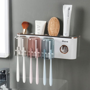 Wall Mounted Toothbrush Holder Automatic Toothpaste Dispenser w/ Drawer  Tray
