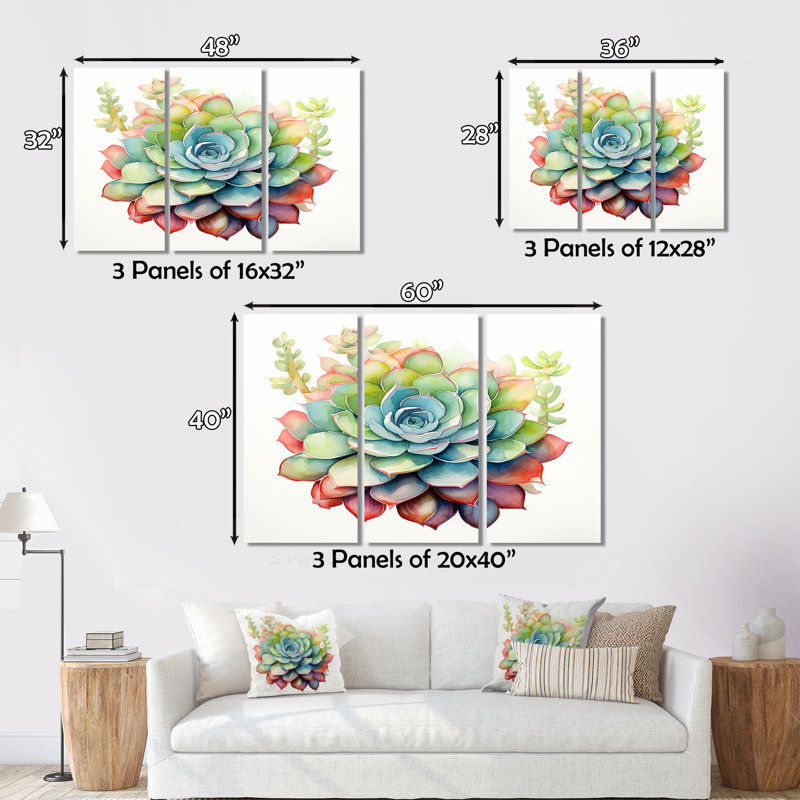 «Blossoming Succulent In Tender Retro Blue», reproduction sur toile 3 pièces, H 28 po x l 36 po x P 1 po