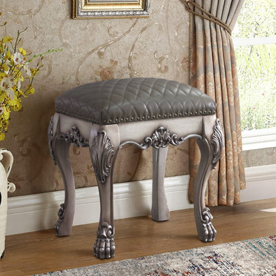 Tabouret de coiffeuse gris et blanc rétro avec siège capitonné
