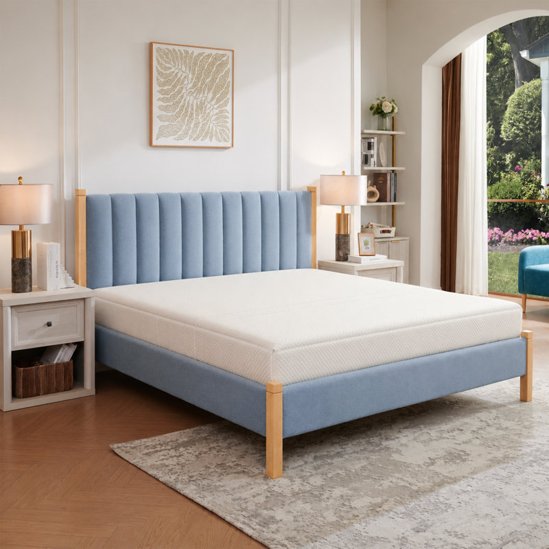 Scandinavian Channel-Tufted Upholstered Bedwith Solid Wood Frame, King ,Blue Linen, Light Blue, King