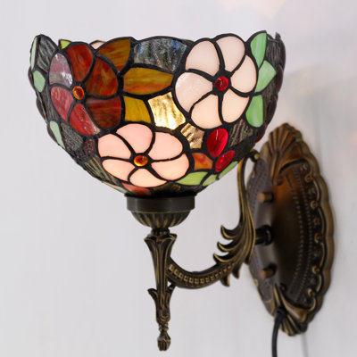 Tiffany Wall Sconce Lamp Plug In or Hardwire Wall Light with 8 Inch Green Purple Grape Stained Glass Flower Lampshade 8X10.5X11 Inch, Base Finished Antique Bronze, 6ft Cord with On/Off Switch