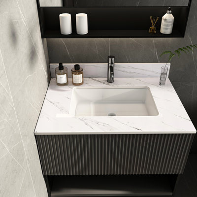 31" Vanity Top For Bathroom - White Sintered Stone, Rectangular Sink, 4" Backsplash, Pre-drilled Faucet Holes Stain & Scratch Proof 31 Inch Stone With Undermount Hole Classy