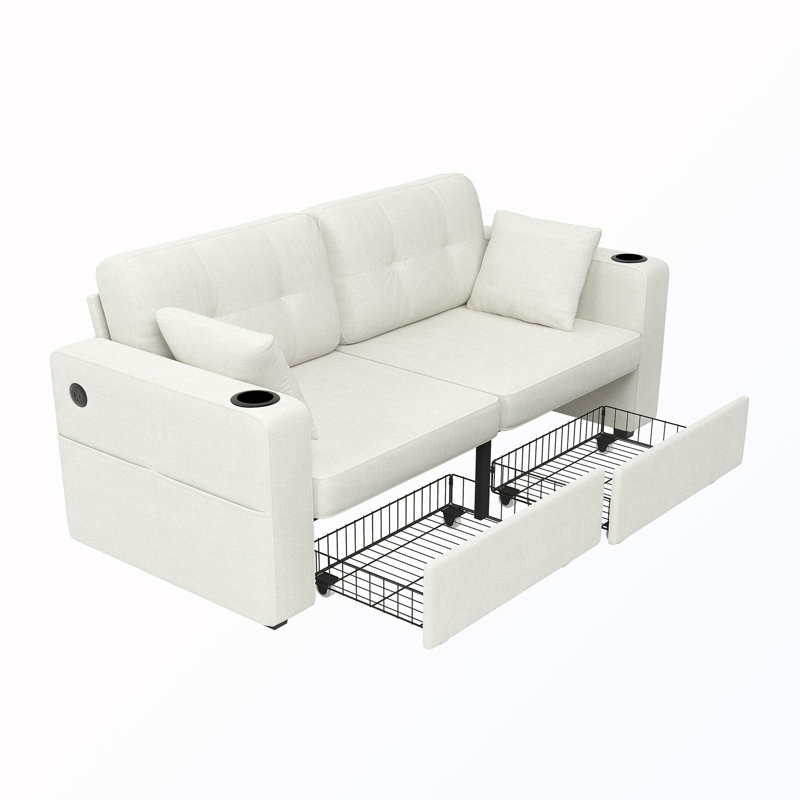 Canapé 3 places avec rangement et station de charge et porte-gobelet, Beige Chenille