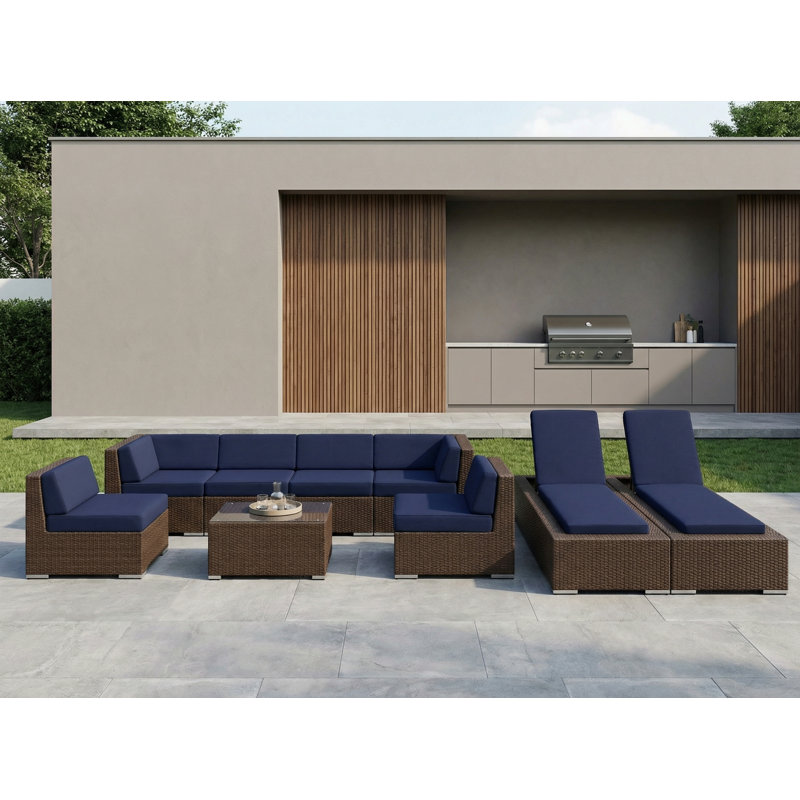 Ensemble de conversation modulaire en rotin avec coussins 9 pièces Barna - aucun assemblage requis, Brun foncé