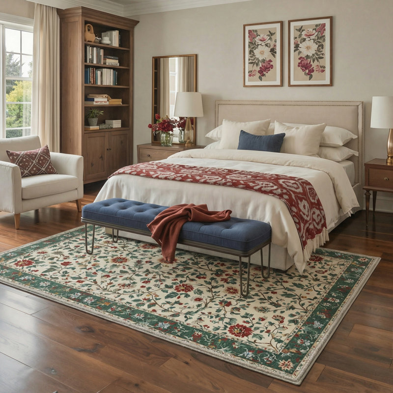 Almont William Morris Botanical Green Floral Area Rug, Garden Rug, Machine Washable, Inspired Faux Wool, Non-Slip Backing