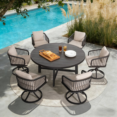 Ensemble de salle à manger rond en aluminium pour 6 personnes avec trou pour parasol et chaises pivotantes Asheville