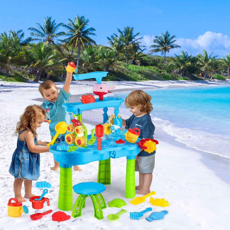 Table de jeu d'eau à 3 niveaux pour enfants avec douche à effet de pluie et sable pour enfants, détachable pour les enfants de 3 à 6 ans