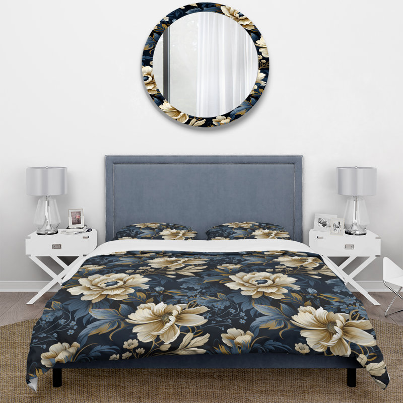Ensemble de housse de couette à motif floral de pivoines bleues, Housse de couette pour très grand lit et 2 très