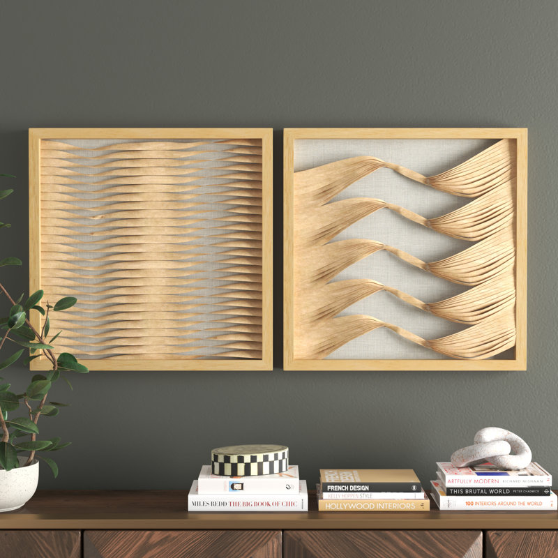 Large Brown Wood and Rattan Shadow Box Wall Art Set
