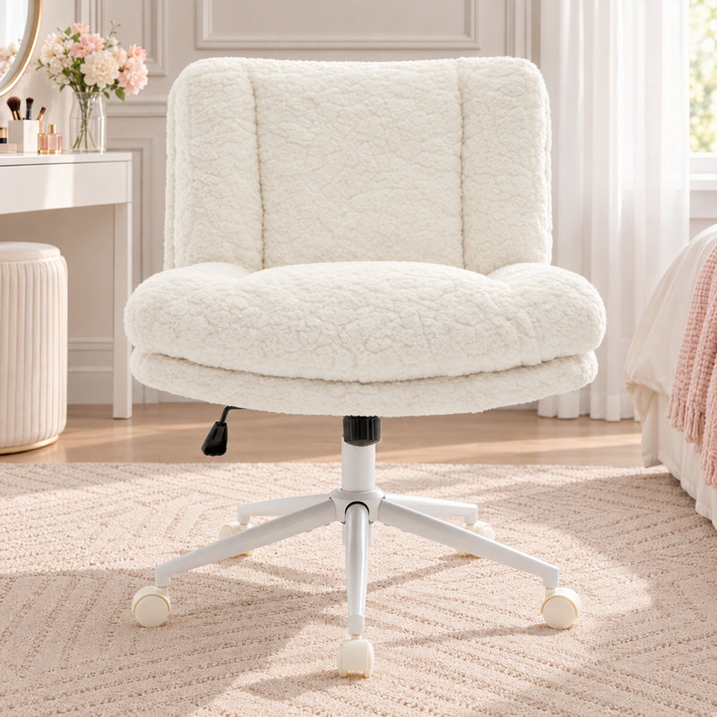 Fauteuil de coiffeuse 26,4 po - Fauteuil de bureau rembourré en faux lapin, multi-réglable pour le confort, Blanc