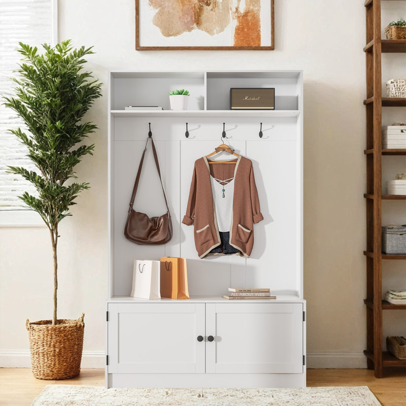 White Wooden Hall Tree with Storage Bench and Coat Rack