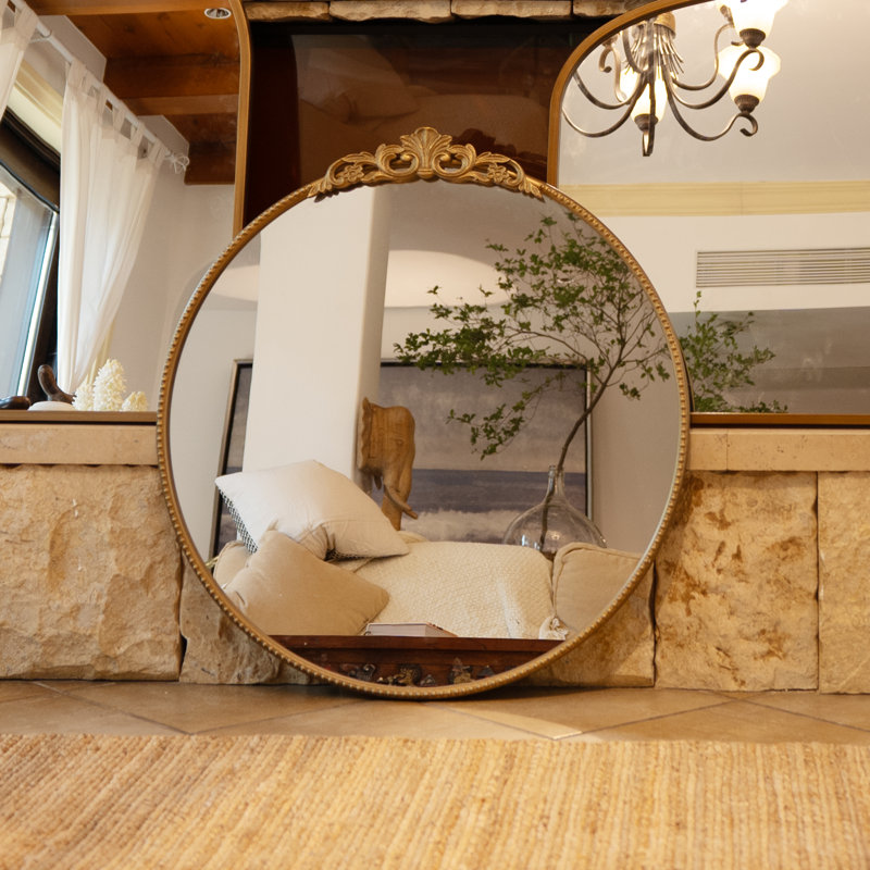 Miroir mural rond Baroque, miroir décoratif 30 * 32 pouces, Laiton antique
