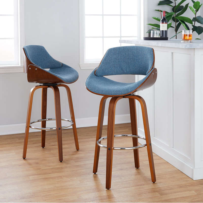 Palmona Fixed-Height Bar & Counter Stool with Bent Wood Legs & Round Footrest (Set of 2), Blue, “Bar Stool (29” Seat Height)”