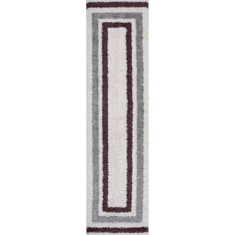 Moodi Modern Shaggy Area Rug Geometric Border Design, Off-White Grey/Purple, Runner 80 x 300 cm