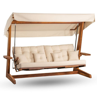 Premium Garden Triple Swing Chair, Solid Iroko Wood Frame | 100% Etisilk Fabric, Waterproof & UV Resistant | 5-Level Adjustable Backrest | Spacious Cushions | Elegant Beige Design, Holds Up to 1,102 lbs