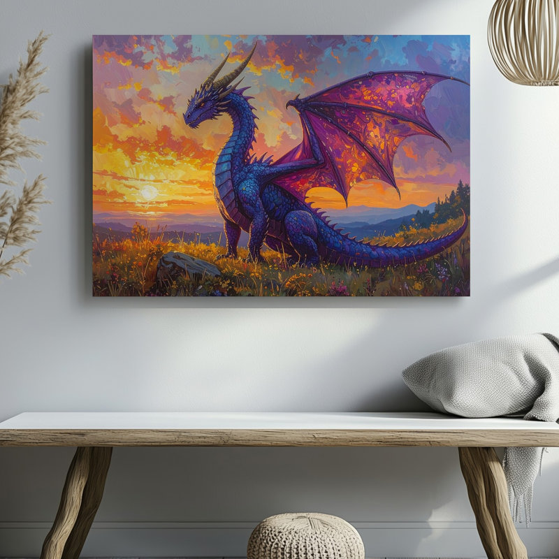 Impression sur toile majestueuse, "Dragon mauve", art fantastique sur une falaise, H 16 po x l 20 po