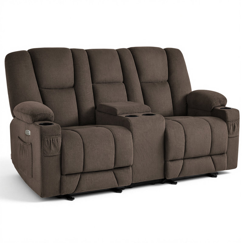 Causeuse inclinable électrique avec chaleur, console et massage, porte-gobelets, revêtement en tissu