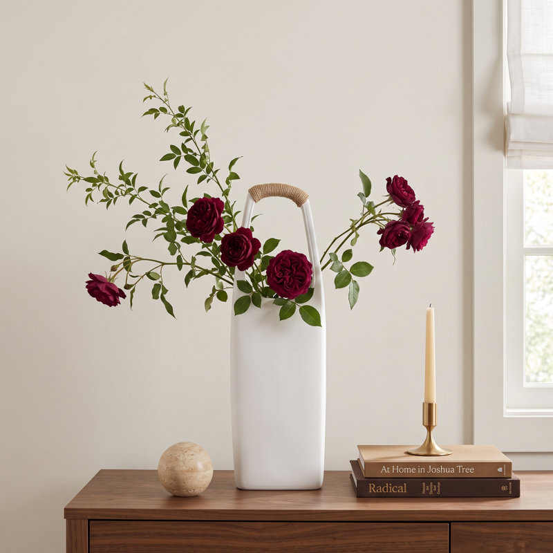 Stoneware Vase with Rattan Wrapped Top Handle, 19" H x 6.75" W x 3.25" D
