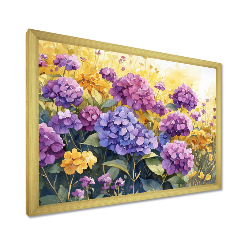 Hortensia d'été jadari en fleurs dans la prairie II - hydrangées, art mural, H 12 po x l 20 po, Doré