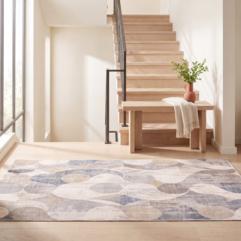 Tapis Magnolia Modern Circles géométrique bleu gris beige, lavable à la machine, antidérapant, à poils courts, pour l'intérieur et l'extérieur, adapté aux animaux domestiques, idéal pour le salon, la chambre, la salle à manger, l'entrée, le corridor ou le bureau.
