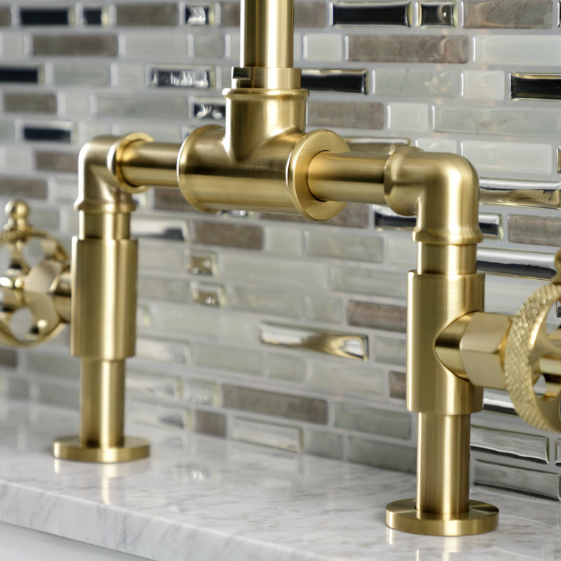 Kingston Brass Webb Two-Handle 2-Hole Deck Mount Bridge Bathroom Faucet with Knurled Handle and Push Pop-Up Drain