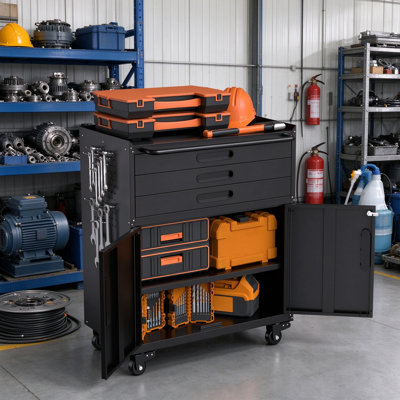 Armoire à outils noire en métal à roulettes, armoire de rangement de garage robuste avec 3 tiroirs et portes verrouillables, organiseur d'établi mobile pour atelier et maison