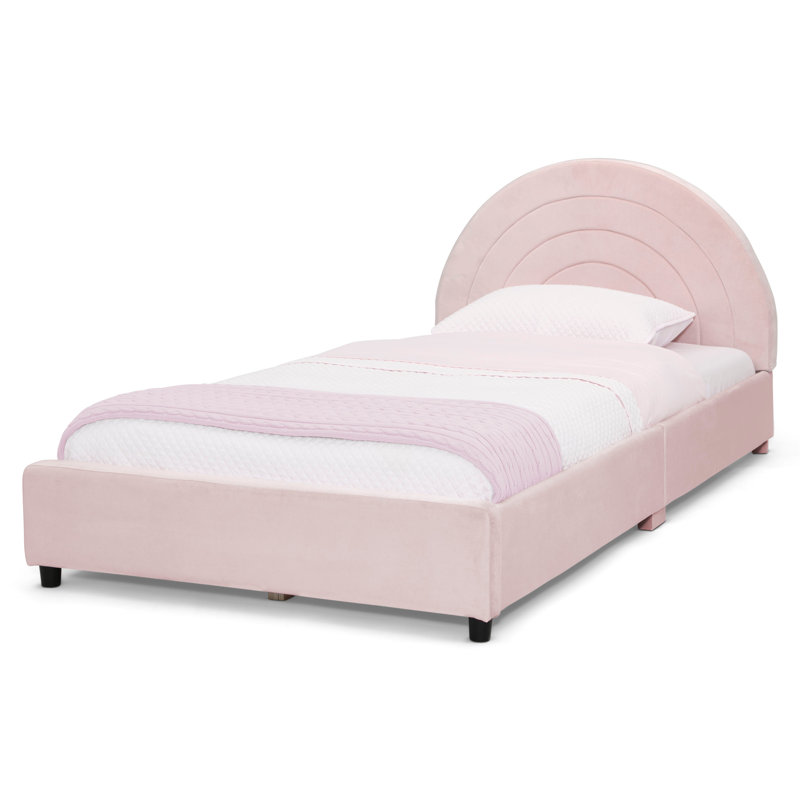 Delta Children Upholstered Twin Size Bed With Round Headboard, Premium Wood Slat Support, No Box Spring Needed, Easy Assembly, Pink/Velvet Piping