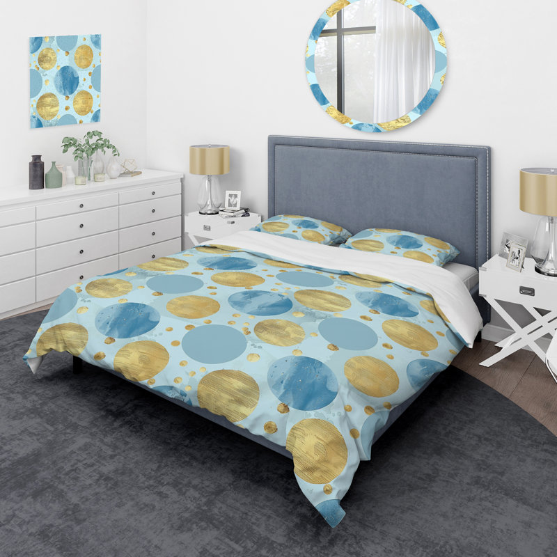 Ensemble de housse de couette Blue Gold Polka Dot Delight I - Glam, Housse de couette très grand + 2 taies décorativ