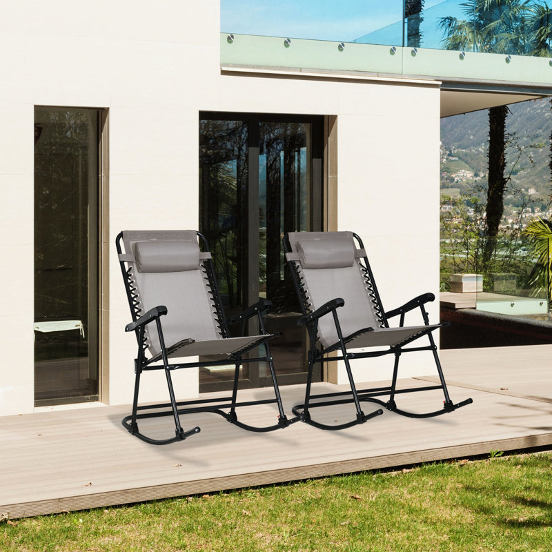 Chaise berçante d'extérieur 2 pièces - Gris pour patio, terrasse, cour. Pliable, ergonomique, résistant aux intempéries, acier thermolaqué avec appuis-tête, pliable