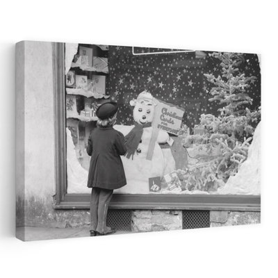 «1930S 1940S Little Girl Look In Card Card Window With Christmas Decorations and Snowman Show Classic Retro Vintage Urban Winter Art mural