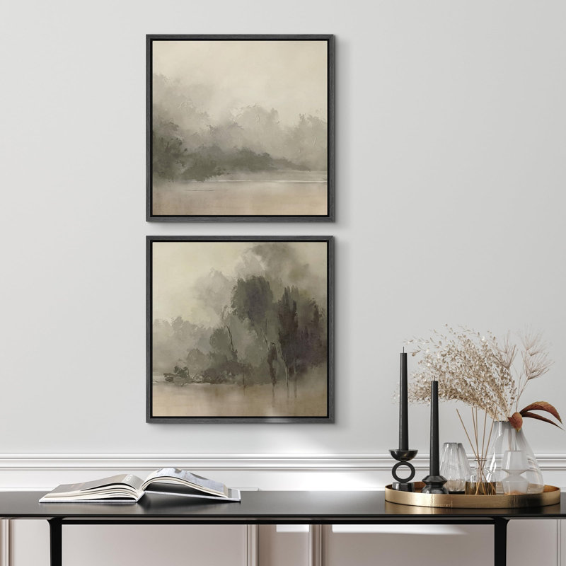 Mystic River Fog Waterfront Forest Tree Nature Landscape Art moderne, décor minimaliste, Black Floater Framed