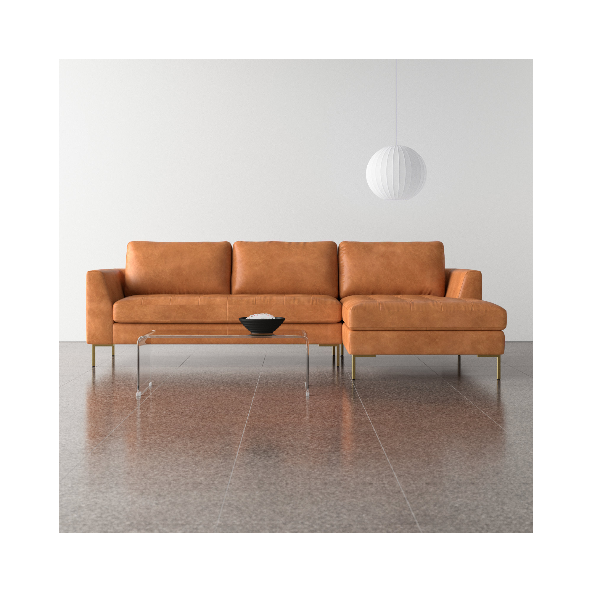  Full-Grain Genuine Italian Leather Sectional Sofa, Walnut, Cognac Tan Genuine Leather, Right Hand Facing