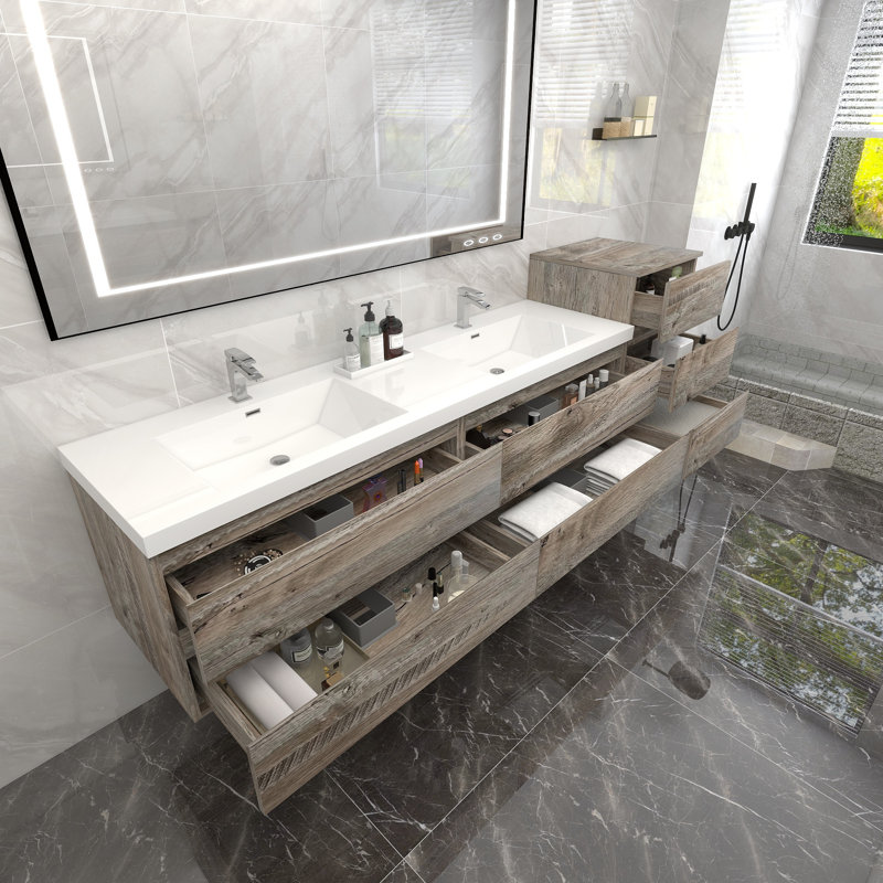 Moreno Bailey 91'' Double Bathroom Vanity with Acrylic Top, Natural Wood
