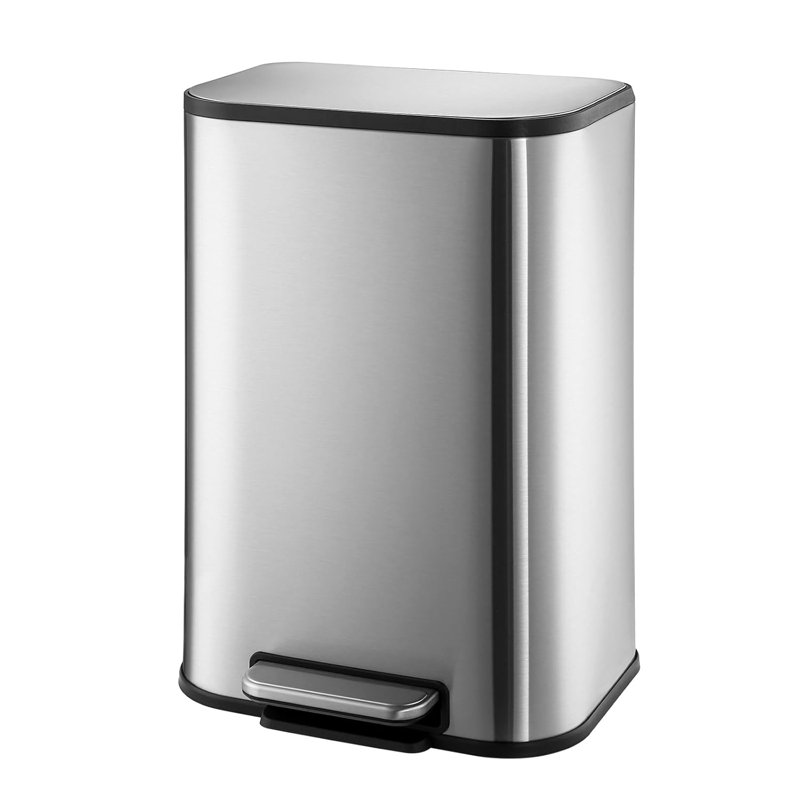 Stainless Steel Garbage Can with Lid, Step-On Pedal and Inner Bucket, Rectangular Trash Can for Kitchen, 3.2 Gallons