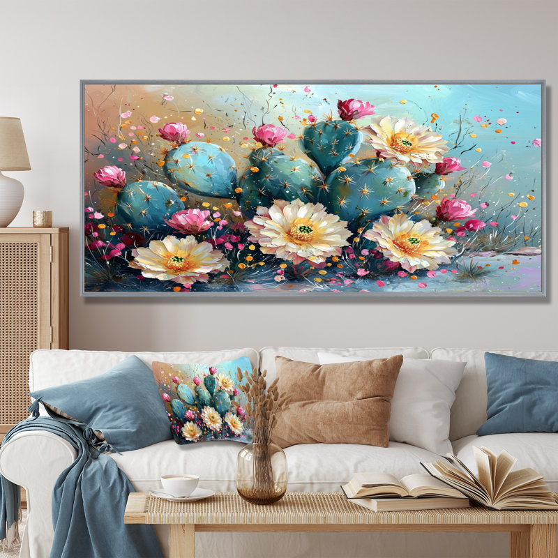 Cactus jaune et vert - Cactus, art mural, H 28 po x l 60 po, Cadre flottant, Argent argent