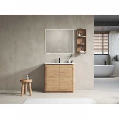 Ensemble de meuble-lavabo autoportant 36 po avec lavabo en céramique et porte à 2 compartiments à fermeture en douceur, contreplaqué