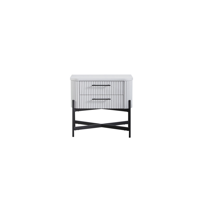 Table de chevet Type C 2 en blanc, bois massif +, conception avant, accent en métal, 2 tiroirs doublés de feutre blanc avec, construction, base décorative, unité de rangement intérieure supérieure et inférieure