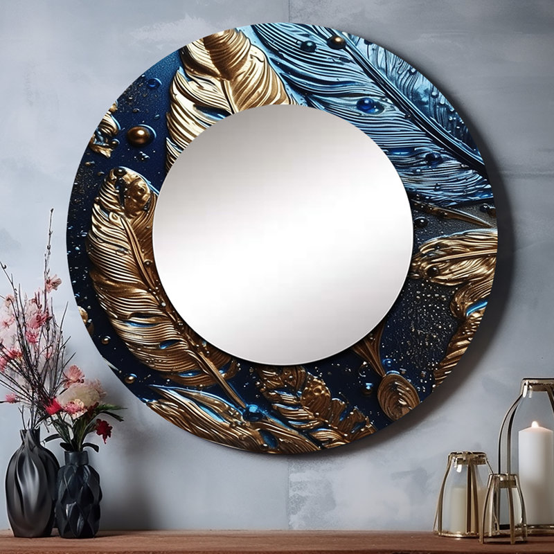 Phebia Gold Feather Glamour I - Glam Feather Unique Wall Mirror Decor, Gold Large Round Mirror, Printed Metal Art, 29" x 29"