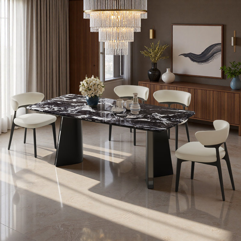 63"Modern Black Marble Dining Table, Rectangular Stone Tabletop with Sculptural Pedestal Base, Luxury Contemporary Dining Table for 4-6, Living& Dining Room