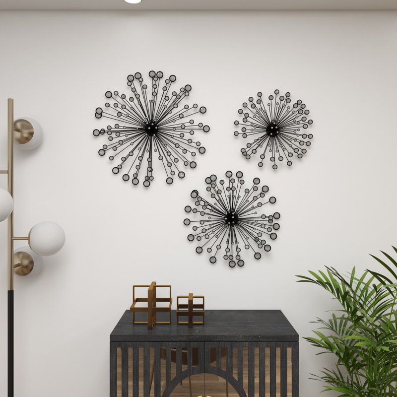 Caryn 3 Piece Black Metal Starburst Wall Decor with Crystal Embellishments Set